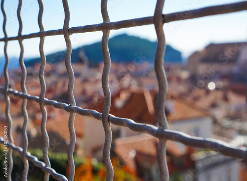 Blurred image of red roof top of old town Dubrovnic ,Croatia,airial view. photo