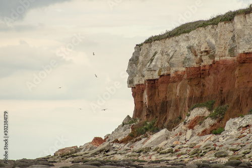 Colorful cliffs, low tide and birds seagulls flying by cliff from limestone and chalk, Hunstanton England