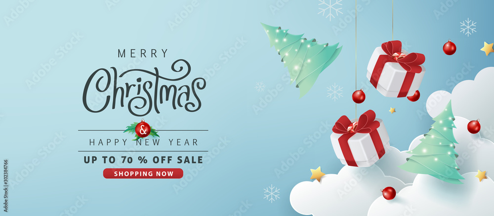 Merry christmas sale banner background.Merry Christmas text Calligraphic Lettering Vector illustration. - obrazy, fototapety, plakaty 