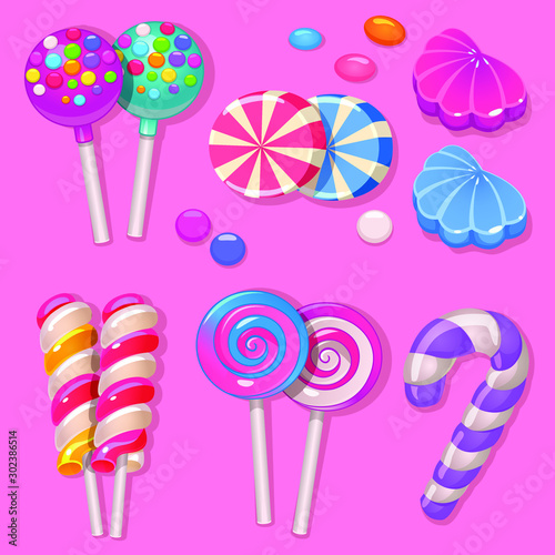 Set of illustration of lollipops on stick, candies and jelly on pink background