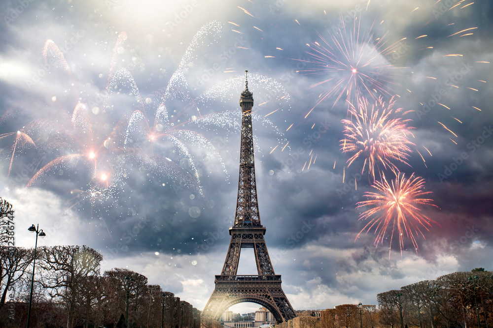 Colorful fireworks in Paris, Eiffel tower.