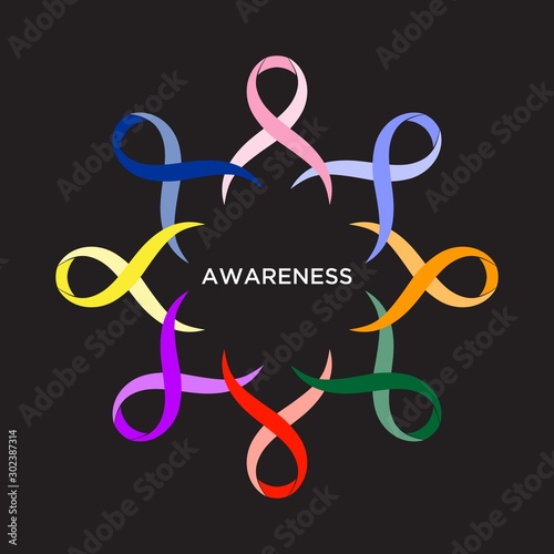 Colorful ribbons representing the support of tackling different cancers