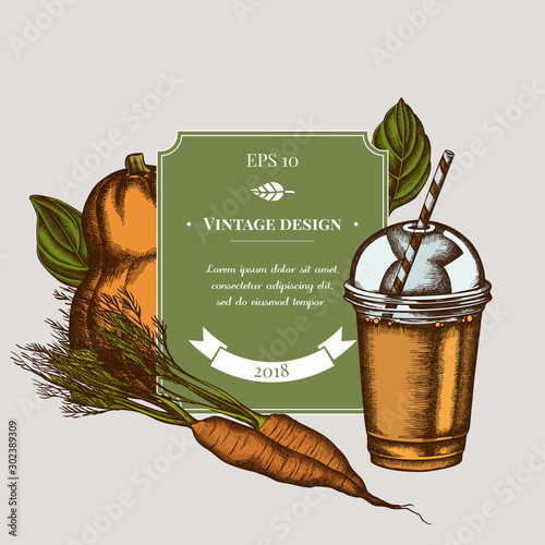 Badge design with colored carrot, basil, pumpkin, smoothie cup