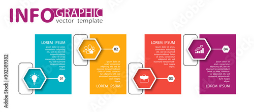 Infographic design and marketing icons, vector hexagons. Can be used to create workflows, charts, annual reports, web design presentations. Business concept with 4 options, process steps, sticker