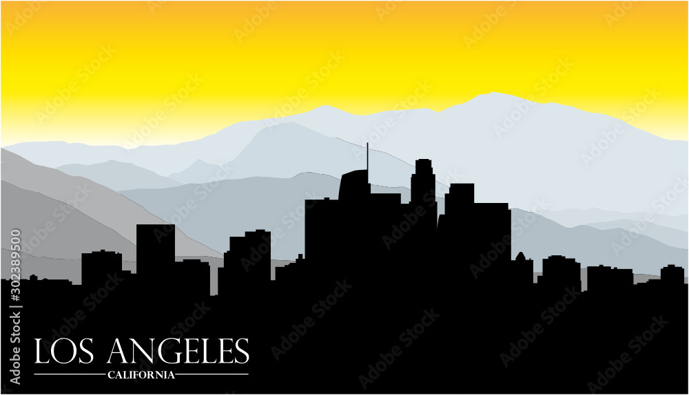 Los Angeles california skyline with mountains and lettering