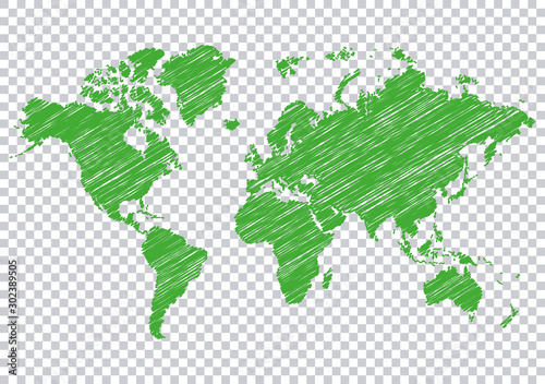 green scribble world map on transparent background