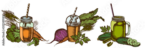 Smoothies set of colored broccoli, beet, smoothie cup, smothie jars, cucumber, celery