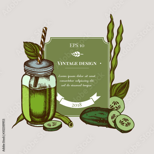 Badge design with colored green beans, basil, smothie jars, cucumber