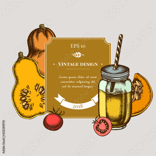 Badge design with colored cherry tomatoes, pumpkin, smothie jars