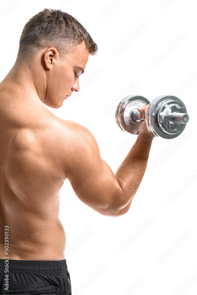Handsome male bodybuilder with dumbbell isolated on white Handsome male bodybuilder with dumbbell isolated on white