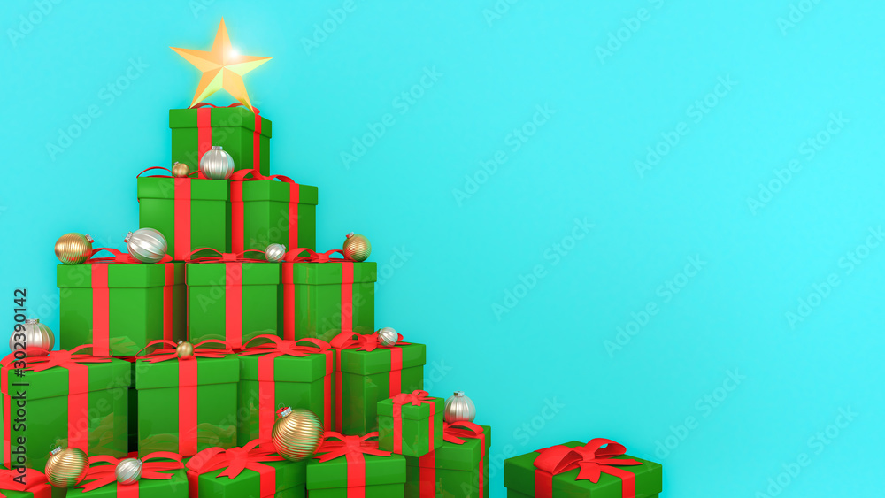 Green gift boxes with red ribbons laid out in the shape of a Christmas tree with blue background., 3D rendering. Green gift boxes with red ribbons laid out in the shape of a Christmas tree with blue background., 3D rendering.