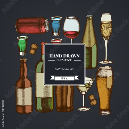 Square design on dark background with glass, champagne, mug of beer, alcohol shot, bottles of beer, bottle of wine, glass of champagne, glass of wine, glass of martini, aluminum can