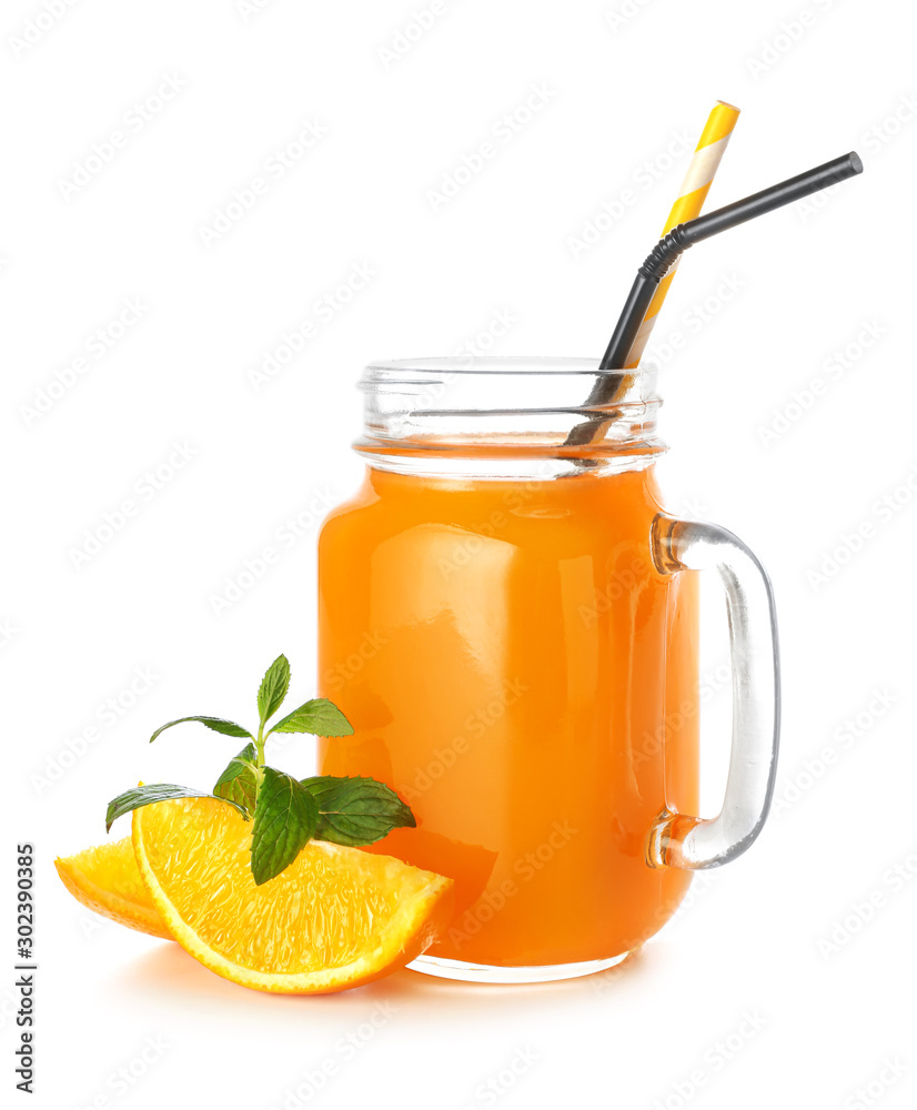 Mason jar of fresh orange juice on white background Mason jar of fresh orange juice on white background
