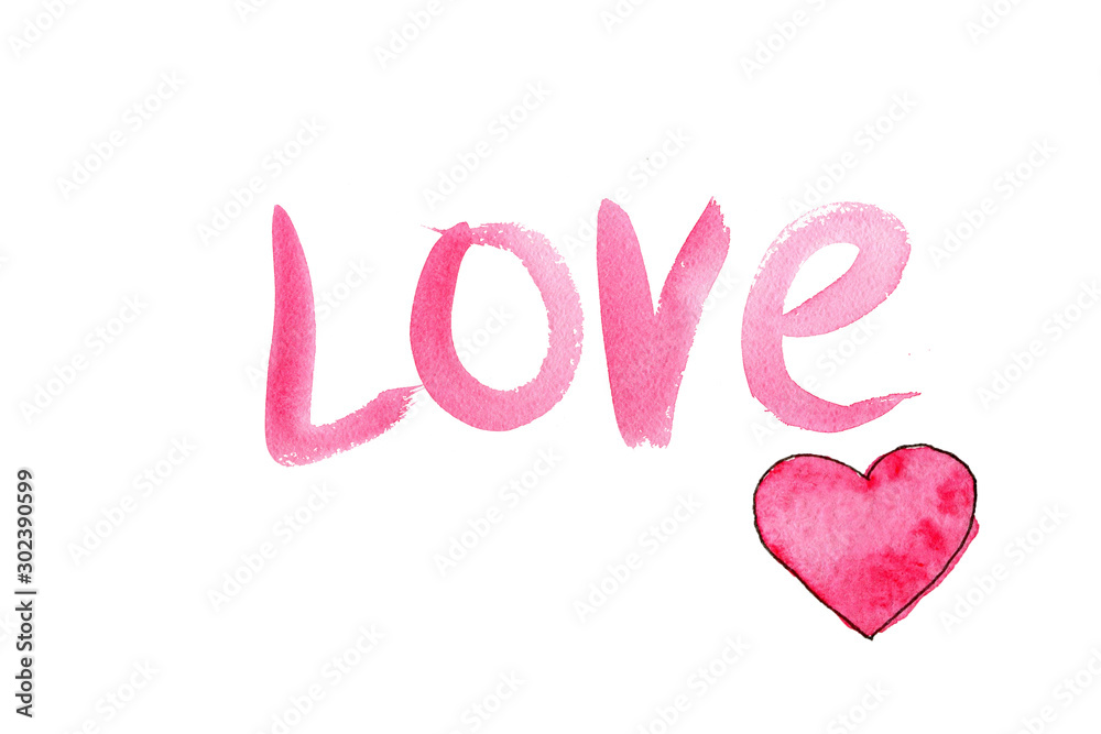 Inscription love on Valentine's day on white background with heart