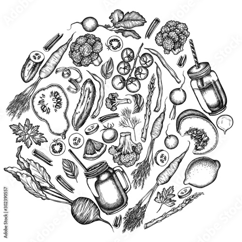 Round design with black and white lemons, broccoli, radish, green beans, cherry tomatoes, beet, greenery, carrot, basil, pumpkin, smoothie cup, smothie jars, cucumber, celery