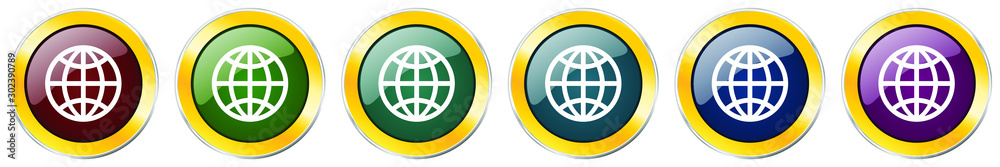 Globe glossy icon set, silver metallic golden vector illustrations in 6 options for web design and mobile applications Globe glossy icon set, silver metallic golden vector illustrations in 6 options for web design and mobile applications