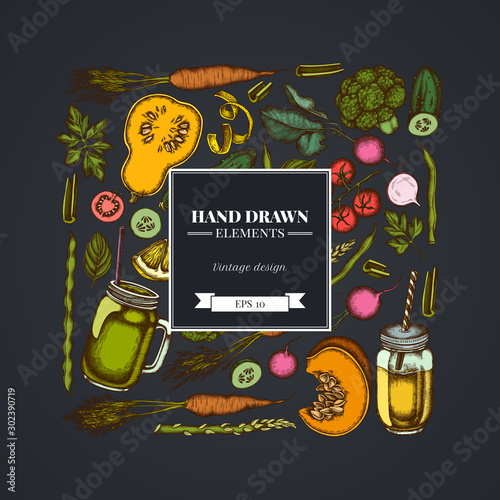Square design on dark background with lemons, broccoli, radish, green beans, cherry tomatoes, beet, greenery, carrot, basil, pumpkin, smoothie cup, smothie jars, cucumber, celery