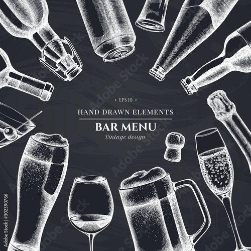 Design with chalk glass, champagne, mug of beer, alcohol shot, bottles of beer, bottle of wine, glass of champagne, glass of wine, glass of martini, aluminum can