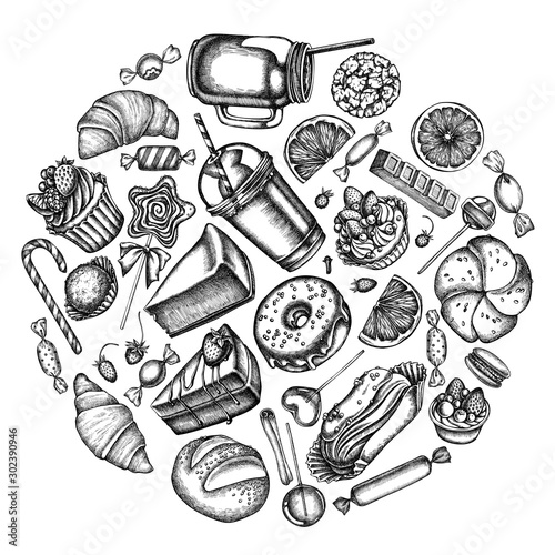 Round design with black and white cinnamon, macaron, lollipop, bar, candies, oranges, buns and bread, croissants and bread, strawberry, milk boxes, smoothie cup, lollipop, smothie jars, cheesecake