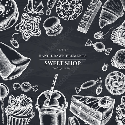Design with chalk cinnamon, macaron, lollipop, bar, candies, oranges, buns and bread, croissants and bread, strawberry, milk boxes, smoothie cup, lollipop, smothie jars, cheesecake, eclair, cupcake