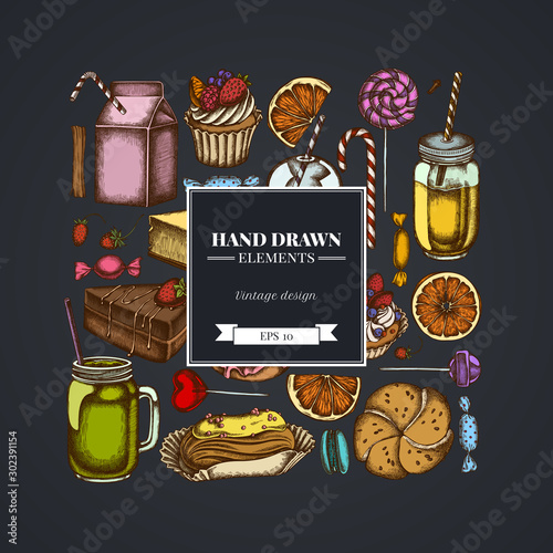 Square design on dark background with cinnamon, macaron, lollipop, bar, candies, oranges, buns and bread, croissants and bread, strawberry, milk boxes, smoothie cup, lollipop, smothie jars, cheesecake