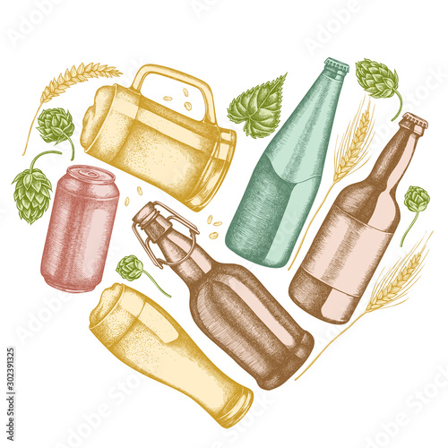 Heart design with pastel rye, hop, mug of beer, bottles of beer, aluminum can