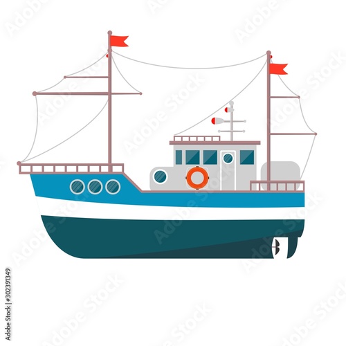 Commercial fishing boat side view isolated icon. Sea or ocean transportation, marine ship for industrial seafood production vector illustration in flat style.