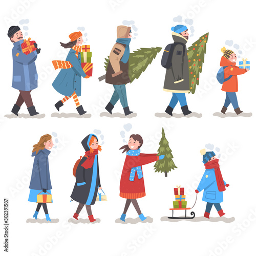 People in Winter Clothing Carrying Gift Boxes and Fir Trees Set, Men, Women and Children Preparing for Christmas and New Year Vector Illustration
