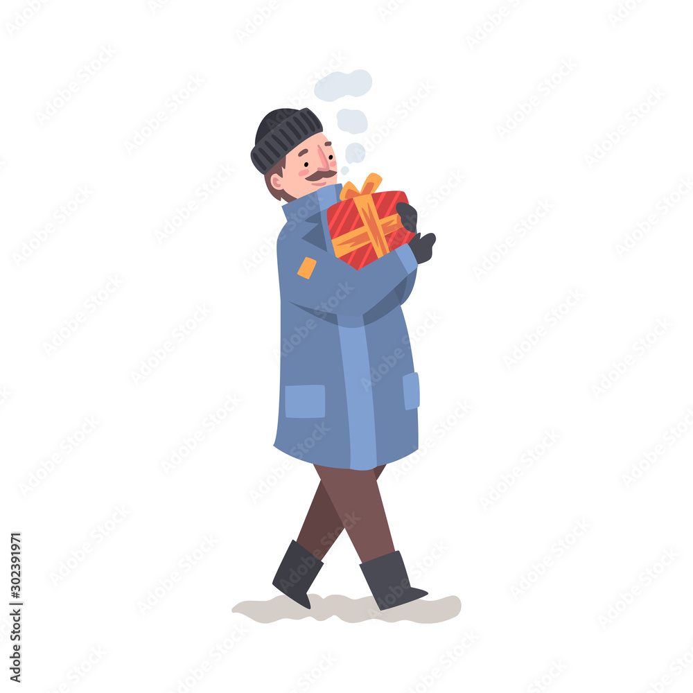 Man in Winter Clothing with Wrapped Christmas Present, Person Preparing for Christmas and Giving Present Vector Illustration Man in Winter Clothing with Wrapped Christmas Present, Person Preparing for Christmas and Giving Present Vector Illustration