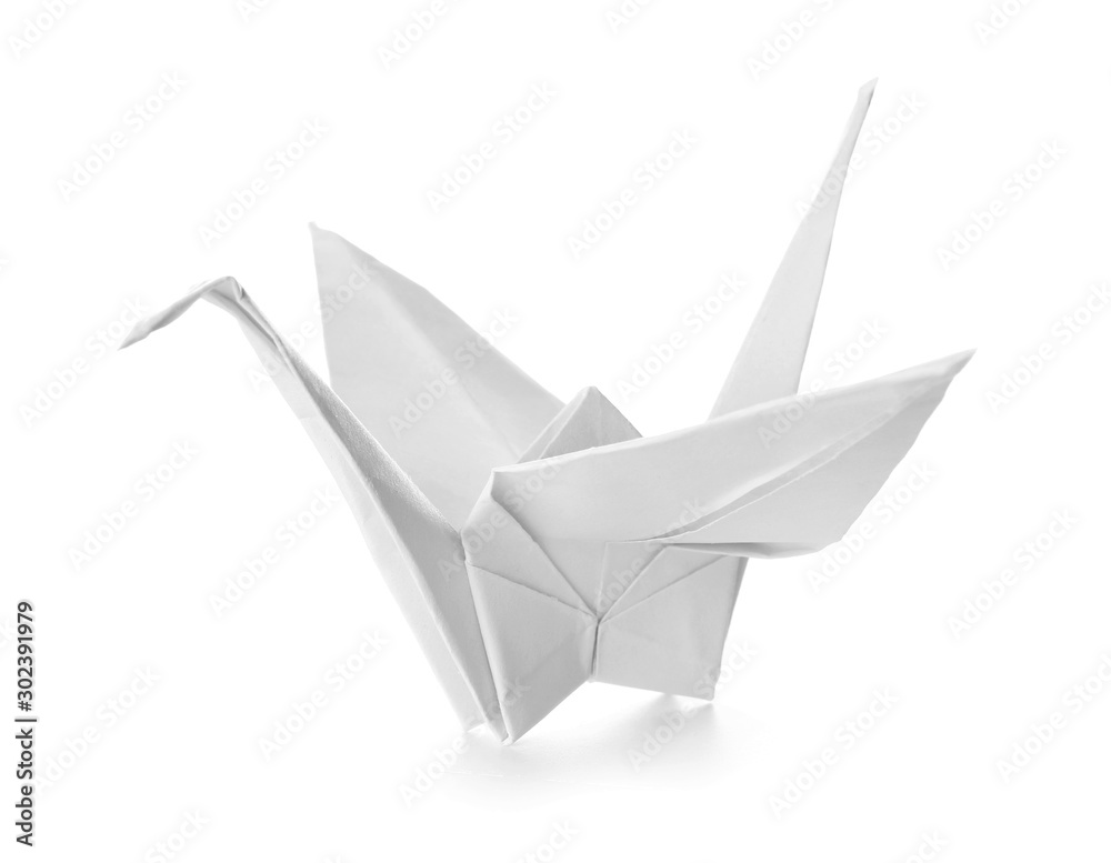 Origami crane on white background - obrazy, fototapety, plakaty 