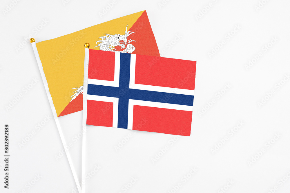 Norway and Bhutan stick flags on white background. High quality fabric, miniature national flag. Peaceful global concept.White floor for copy space.