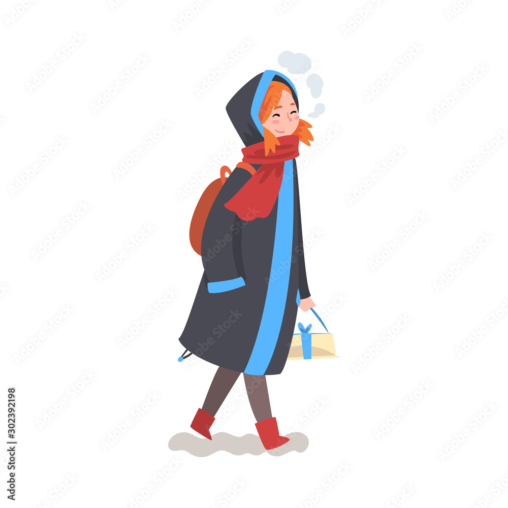 Cute Smiling Girl in Winter Clothing Walking with Gift Box, Child Preparing for Christmas and Giving Presents Vector Illustration