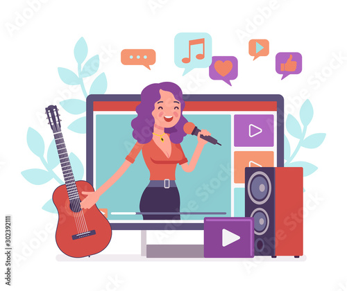 Music streamer girl. Young attractive woman broadcasting online popular songs, creating inspiring and entertaining musical content for journal or diary, blogging as hobby and job. Vector illustration