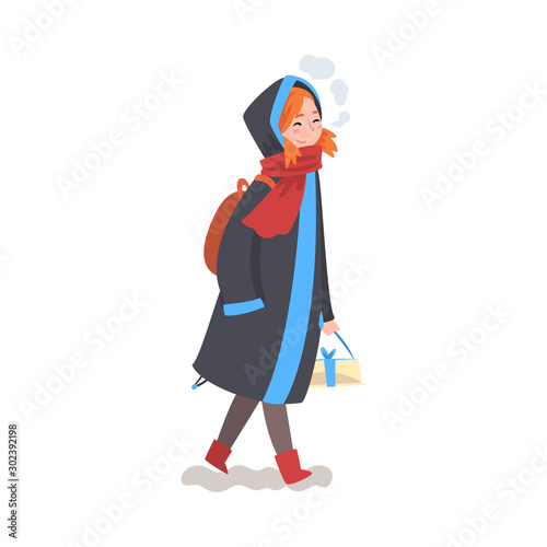 Cute Smiling Girl in Winter Clothing Walking with Gift Box  Child Preparing for Christmas and Giving Presents Vector Illustration