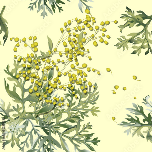 Seamless pattern of wormwood. Artemisia absinthium. Wormwood branch, wormwood flowers and leaves.