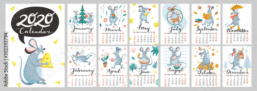 Monthly calendar template with illustrations of funny mouse. Rat is symbol of the 2020 year Chinese calendar. Weeks start on Sunday. Vector illustration.