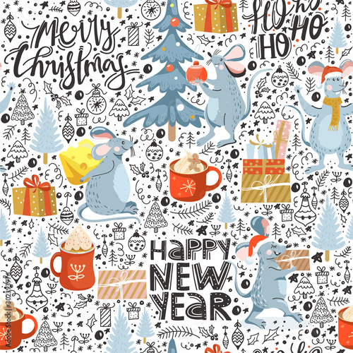 Merry Christmas seamless pattern with calligraphy phrase, rat, spruce, gift, cacao drink and decoration doodle elements. Texture for textile, postcard, wrapping paper, packaging etc. Vector.