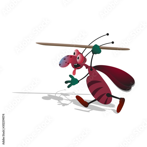 funny cartoon thin cockroach, armed with a toothpick, runs out sticking out his tongue and bulging gas. Isolated illustration on a white background with a shadow.