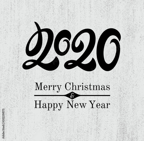 Happy new year card for 2020 with main big numbers. Modern minimalist uppercase letters figures are placed on the pages of the magazine, books Vector illustration. Isolated on white background.