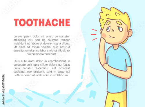 Toothache Banner Template with Space for Text and Cute Boy Suffering from Toothache Vector Illustration