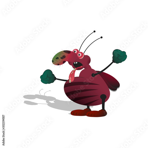 A cartoony big cockroach brandishes its fists and screams out loud with its tongue out and bulging eyes. Isolated illustration on a white background with a shadow.