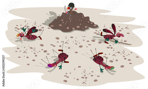 striped evil cockroaches attack small ants in an anthill. The scene of the battle. Cartoon illustration.