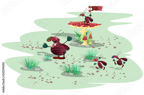 striped evil cockroaches flee to the attack. The scene of the battle. Cartoon illustration.