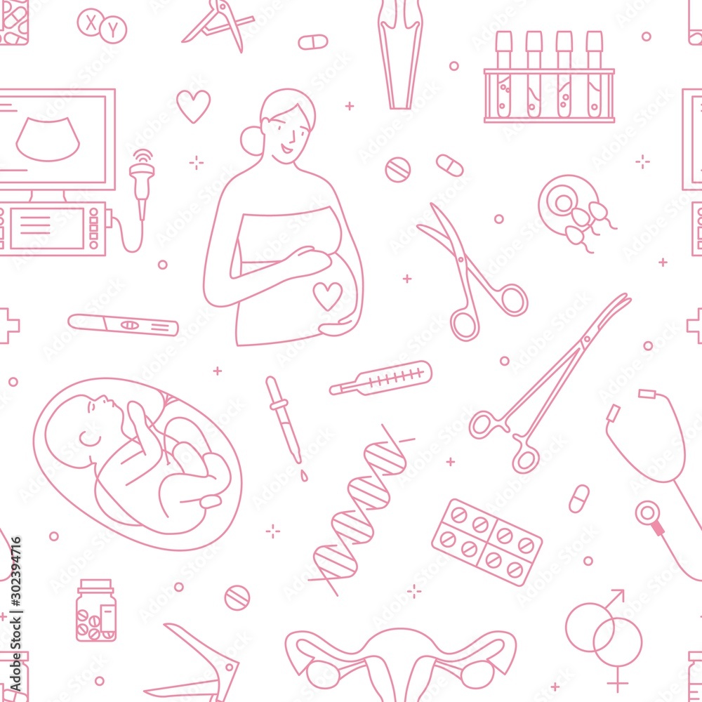 Gynecology and pregnancy linear vector seamless pattern