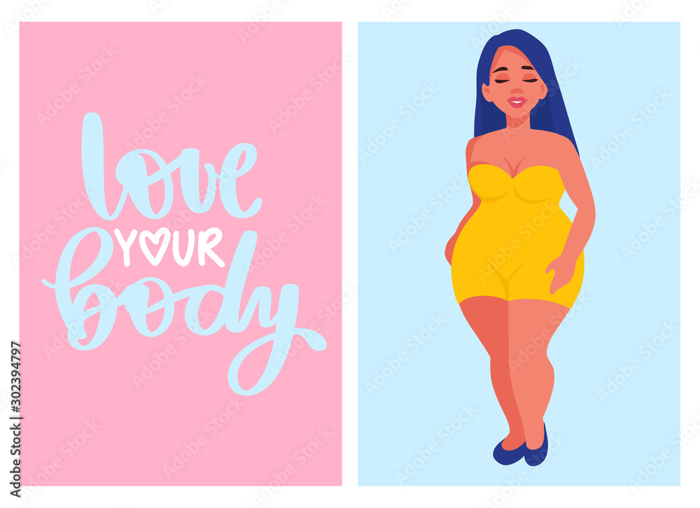 Body positive vector cards. Plus size Woman dressed in swimsuits. Body positive vector cards. Plus size Woman dressed in swimsuits.
