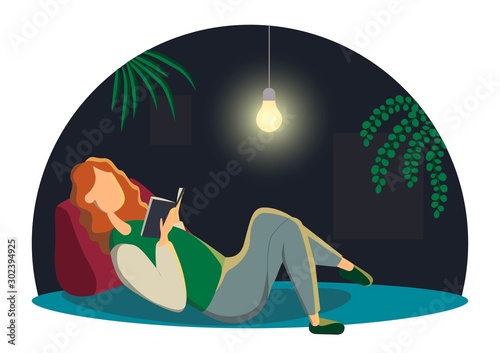 Beautiful redhead woman lying down reading a book. Adorable young woman spending weekend at home. Leisure activity, repose and relaxation. Candle lights the room at night. Flat cartoon colorful vector