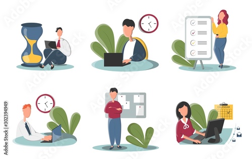 Collection of people successfully organizing their tasks and appointments. Set of scenes with efficient and effective time management and multitasking at work. Flat cartoon vector illustration.