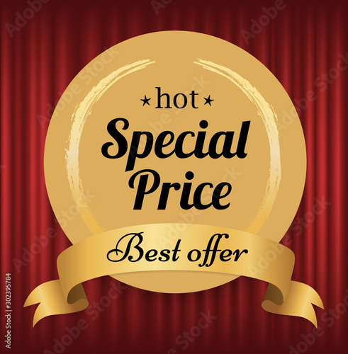Hot price vector, isolated offer badge with proposition flat style. Red curtain background for label or sticker, shop or store deals and clearance