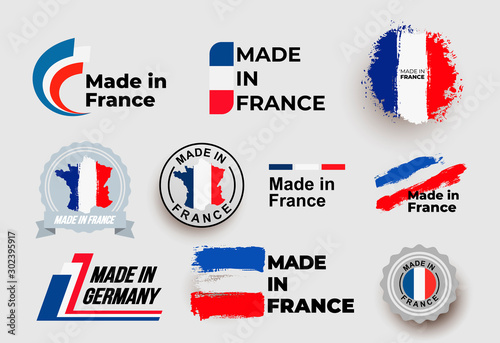 Made in France logo. Set of design France flag in map quality label icon. Vector illustration. Isolated on white background.