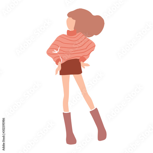 Vector girl in a flat style. Young woman dressed in trendy clothes.